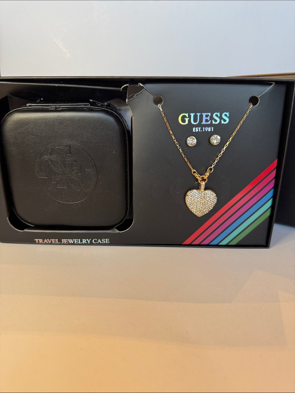 GUESS Gold-Tone Pave Heart Necklace with Crystal Studs NWT with jewelry case
